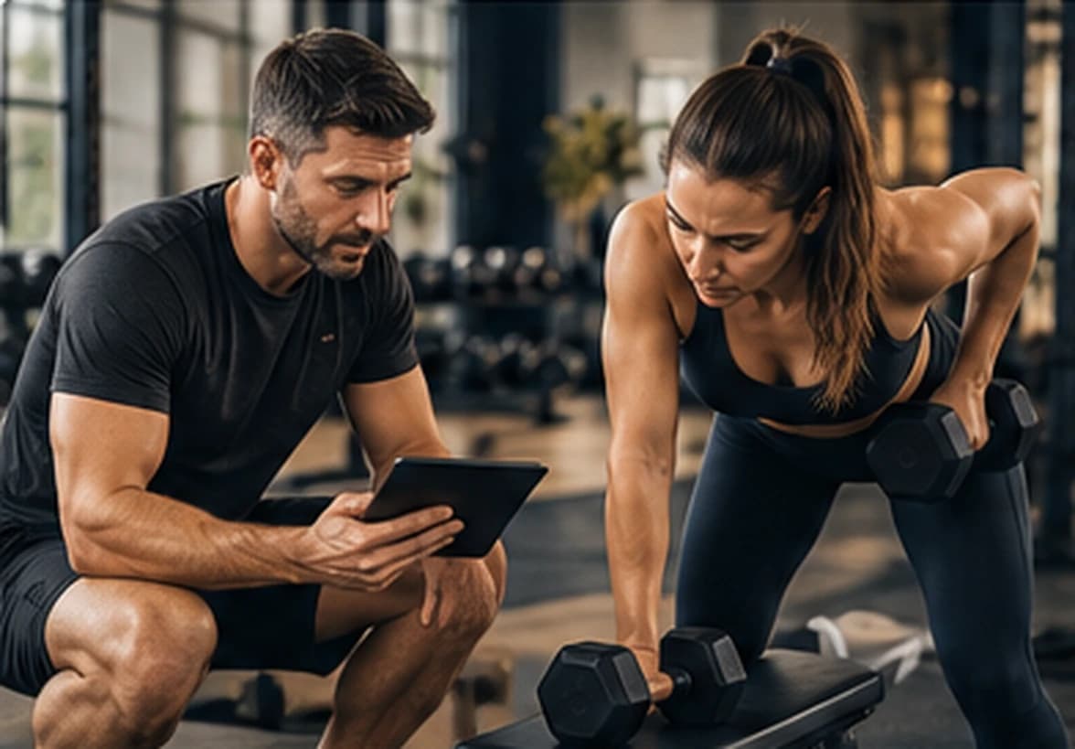 Personal trainer guiding a client through a dumbbell exercise.