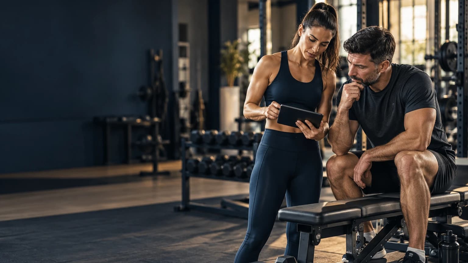 Personal trainer and client reviewing a workout plan on a tablet at the gym.